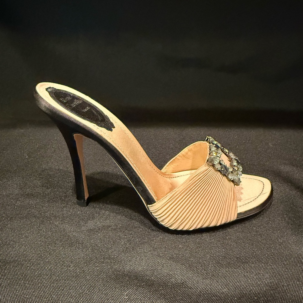 Rene Caovilla Cream and Black Stiletto Heels with Crystal Embellishment